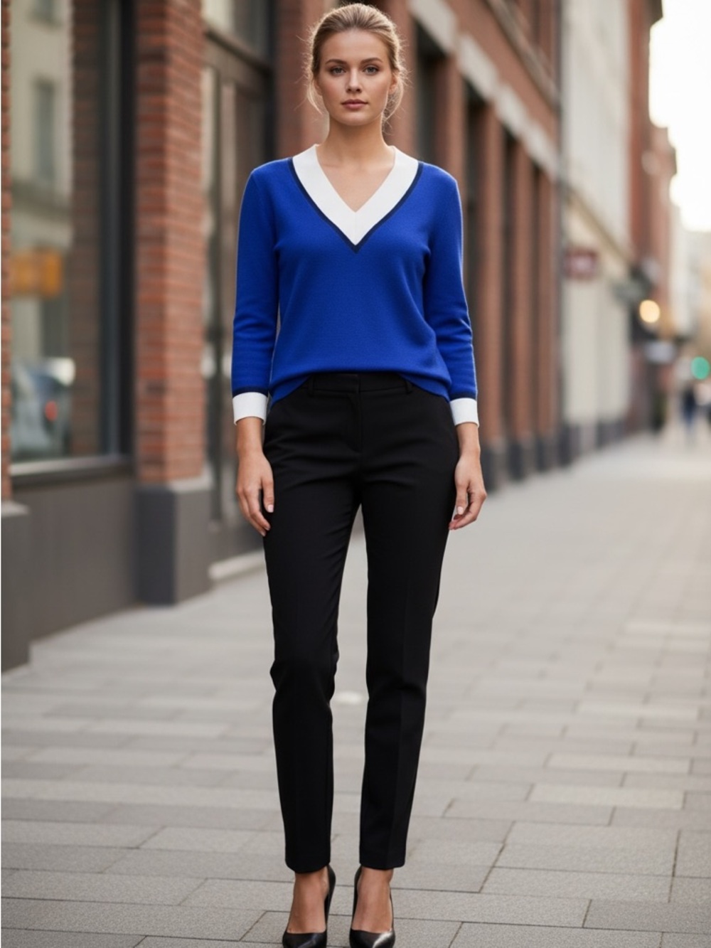 Lauren Ralph Lauren Sapphire Blue V-Neck Sweater with White and Navy Trim